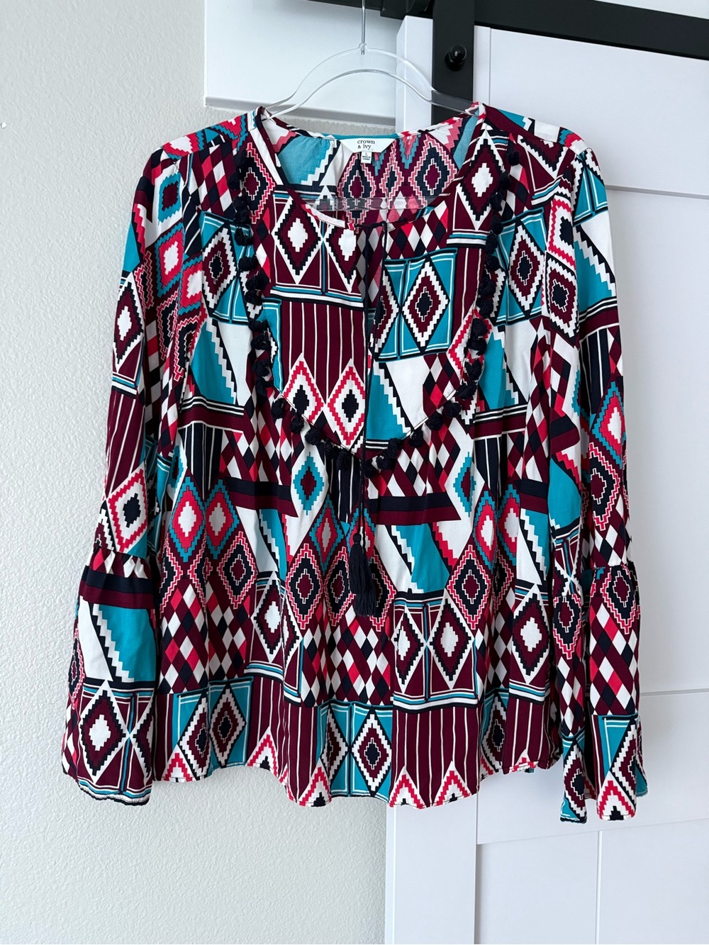 Cato Geometric Peasant Top in Teal, Burgundy & White